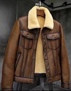 Hombres Aviador Marrón RAF B3 Piloto Volador Bombardero Piel de Oveja Chaqueta de Cuero Real - Imagen 1 de 5