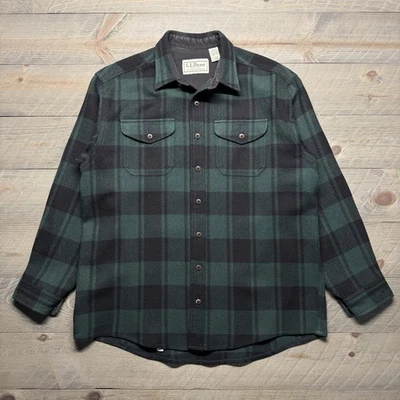 Vtg LL Bean Flannel Shirt Mens Large Wool Nylon Blend Green Black Plaid USA 2000 - Image 1 of 4