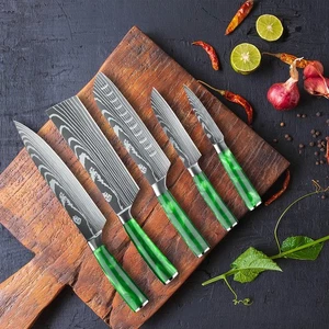 5x Green Japanese Damascus Pattern Kitchen Knife Set Chef Knives Kit + Gift Box - Picture 1 of 13