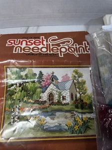 SUNSET STITCHERY “CHURCH IN THE GLEN” NEEDLEPOINT KIT 1981- Open Missing Yarn - Picture 1 of 4