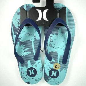 HURLEY Tropical Palm Trees Flip Flop Sandals Men's Size 12 Light Blue Navy - Picture 1 of 7
