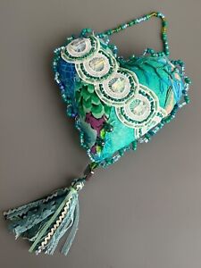 Hanging HEART with TASSEL beaded, lace, handmade, blue, green, aqua, embroidered