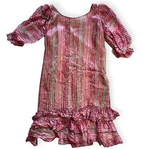 Vintage 80's shades of pink grey striped semi-sheer tunic ruffle dress size 12 - Picture 1 of 4