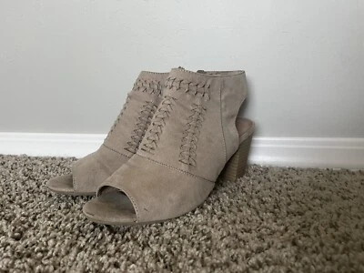 Botas talladas con volantes para mujer 8 M Pia punta abierta botín con cremallera marrón tela tacones Foto 1 de 4