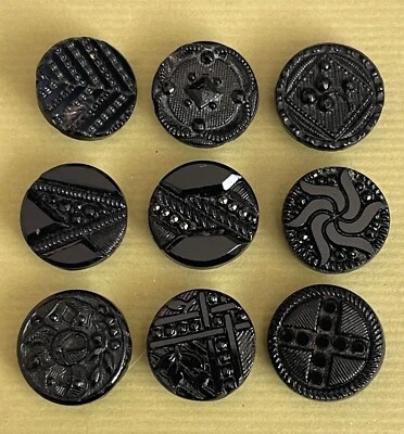 9 Antique Molded Black Glass Buttons Ornate Designs 1870-1914 - Image 1 of 2