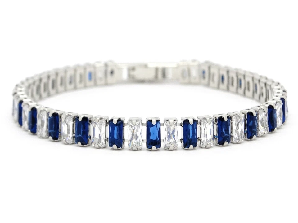 Pulsera de tenis baguette azul profundo brillante y blanco gemas baguette ajuste suave confort Foto 1 de 4