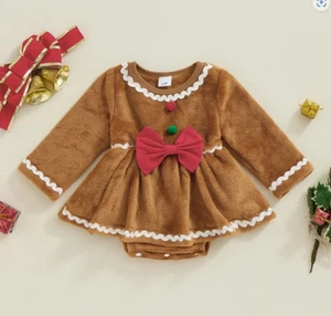 NEW Gingerbread Man Baby Girls Christmas Velour Romper Jumpsuit Dress - Picture 1 of 7