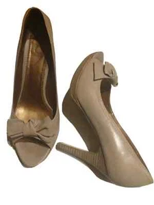 Senso High Heels Stone Bow Peep Toe Platform Leather Beige Cork Wood Pumps Nude - Picture 1 of 10