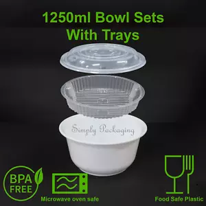 (1250ml) Plastic Noodle Bowl (w Tray & Dome Lid) Round Soup Containers REUSABLE - Picture 1 of 2