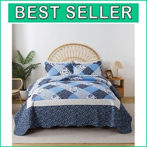 California King Quilt Set - 120x120 Blue Rustic Floral Bedspread & 2 Pillowcases - Picture 1 of 10