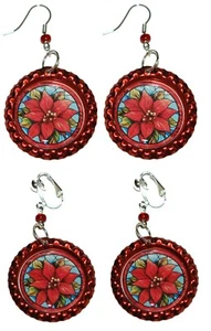 Christmas Poinsettia Bottle Cap Pierced or Clip on Dangle Earrings (CAP039) - Picture 1 of 3