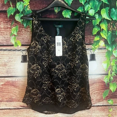 Blusa Lauren Ralph Lauren Top 8 Sem Mangas Floral Dourada Forrada Ano Novo Roupa de Trabalho - Imagem 1 de 4