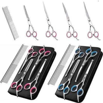 6PCS Professional Pet Hair Cutting Scissors Dog Grooming Kits Curved Shears Set - Image 1 of 4