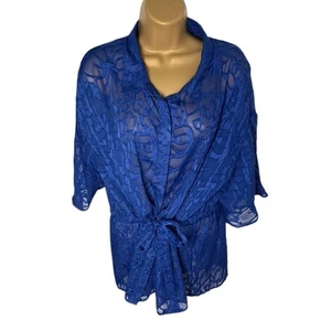 Marc New York Andrew Marc Sheer Blouse Tie Front Collared Floral Blue XL - Picture 1 of 4