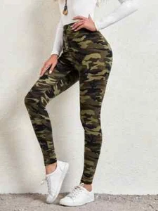 Camo Print High Waist Leggings, Casual Stretchy Leggings Women's Activewear Yoga - Picture 1 of 14