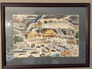 Fred Conway Watercolor Of Modernist Farm Scene W/ Pigs St Louis ARTIST 40s-50/ - Picture 1 of 8