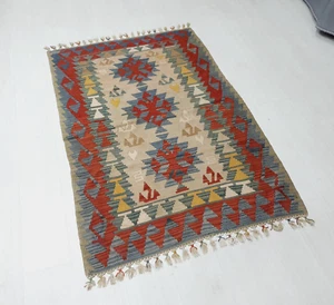motivo geometrico kilim vintage, tappeto turco tessuto a mano, 3,5x5,6 piedi - Foto 1 di 9