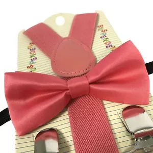 "CORAL PINK" Matching Suspender & Bow-Tie Set Kids Toddler Baby Boys Girls - Picture 1 of 2