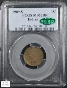 1909 S Indian Head Copper Cent 1C PCGS MS 63 BN CAC - Picture 1 of 4