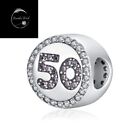 Genuine Sterling Silver 925 50Th Happy Birthday Bead Charm For Bracelets With Cz