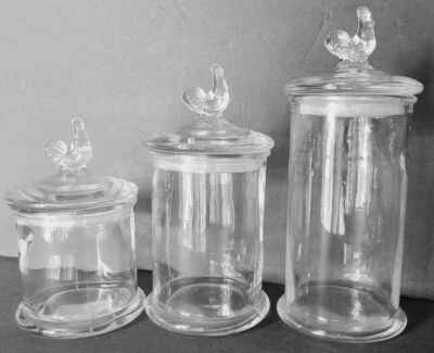 Clear Glass Canister Rooster Handle + Lids Jars Rustic Primitive Farm Set Of 3 - Image 1 of 4
