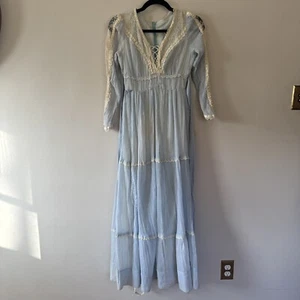 Vtg 1970s GUNNE SAX Sheer Blue Lace Tiered Maxi Dress Victorian Coquette xs - Picture 1 of 17