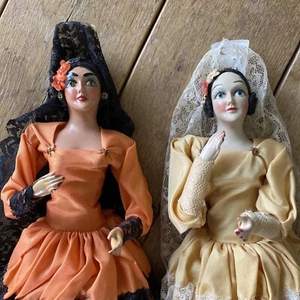 Composición VTG Muñecas de bailarina de flamenco española Naranja Crema Pintadas a mano Lote de 2 - Imagen 1 de 12