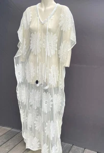 Badgley Mischka Sheer White Floral Lace Beaded Full Length Long Swim Coverup OS - Picture 1 of 23