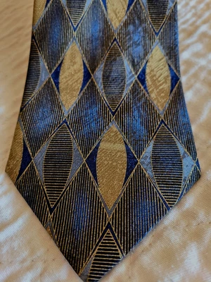 Paulo Avanti 100% seda geométrica, azul/preto e marrom, comprimento clássico 58 pol x 4 pol - Imagem 1 de 4