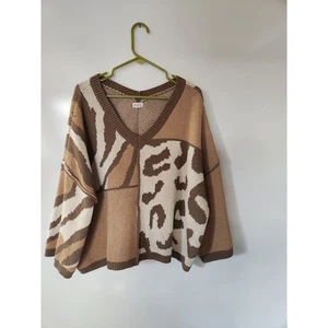 Pol Brown Cream Boho Oversized Mixed Animal Print Women's Sweater Size M - Picture 1 of 4