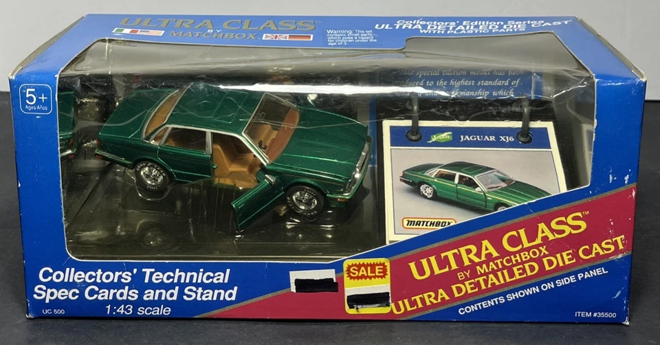 Matchbox 1991 ULTRA CLASS 1:43 Green JAGUAR XJ6 Tech Specs DISPLAY STAND #35500 - Image 1 of 4
