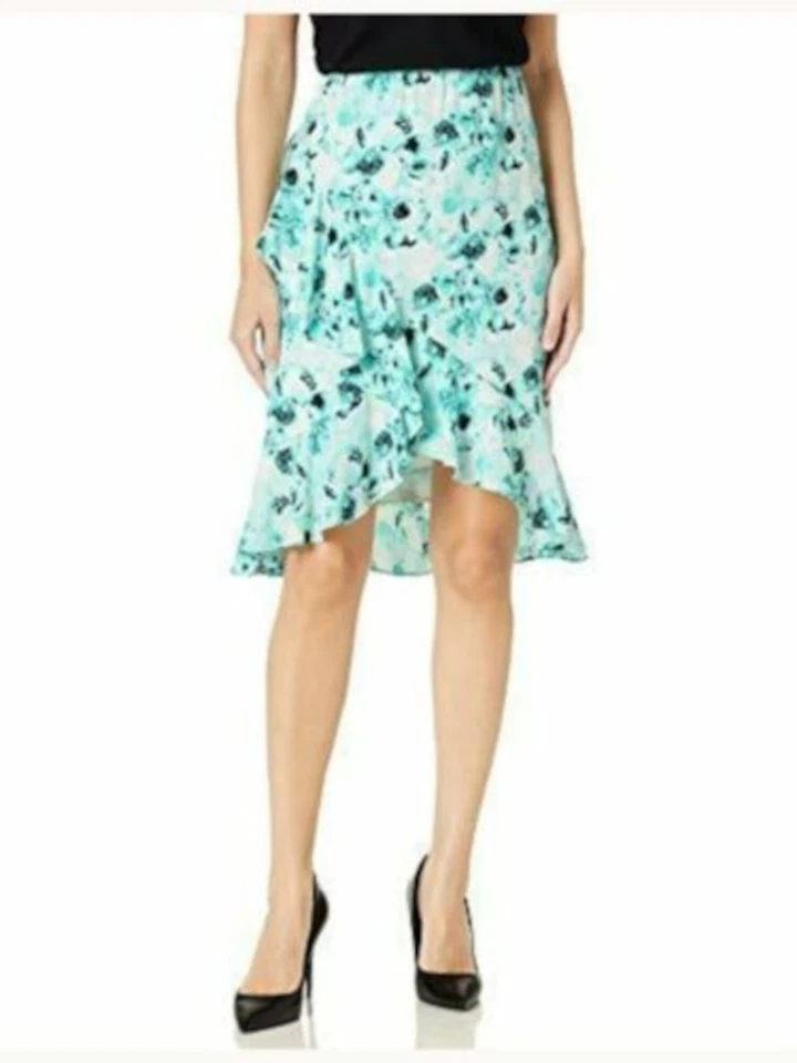 Kasper Women's Watercolor Floral Printed Ruffle Skirt Aqua Teal Size 10