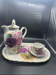Juego de porcelana pintada a mano vintage Dulevo Rusia rosas tetera taza platillo bandeja - Imagen 1 de 16