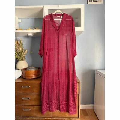 Maxi Vestido Camisa J. Jill Seda Transparente Botón Frontal Rojo/Beige Talla 20T Foto 1 de 4