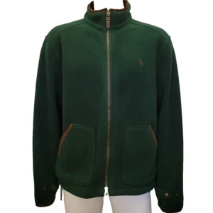 Polo Ralph Lauren jacket mens XL green fleece full zip suede leather trim pocket - Picture 1 of 24