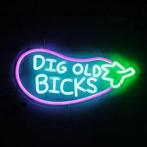 Dig Old Bicks Neon Sign for Man Cave Room Decor,Cartoon Eggplant Neon Light Sign - Picture 1 of 12