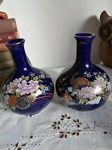 Pair of Cobalt Blue Ceramic Bud Vases Aqua Pink Lotus Flowers & Peacock Design - Picture 1 of 12