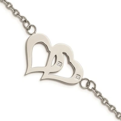 Stainless Steel Polished Hearts with CZs 6.5in w/1.25in. ext. Bracelet - Image 1 of 4