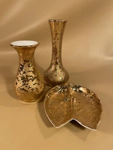 Vintage Lot Of 3 Elynor China 22KT Gold Vase Trinket Dish - Picture 1 of 10