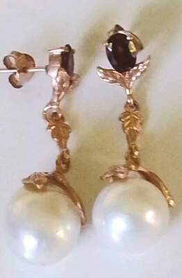 Natural Mozambique Garnet,Baroque Pearl dangle Earrings 925 Sterling Rose... - Image 1 of 4