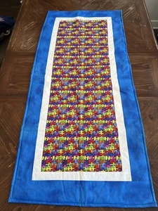 Handcrafted-Quilted Table Runner - Celebrate Autism Puzzle Pieces Blue Boarder - Picture 1 of 6