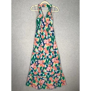 Jessica Simpson Dress Womens XS Green Pink Maxi Halter Bloom Tiered Tropical - Picture 1 of 8