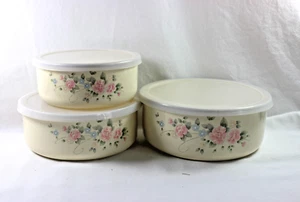 Pfaltzgraff Tea Rose Metal Storage Bowls with Plastic Lids Set of 3 - Picture 1 of 8