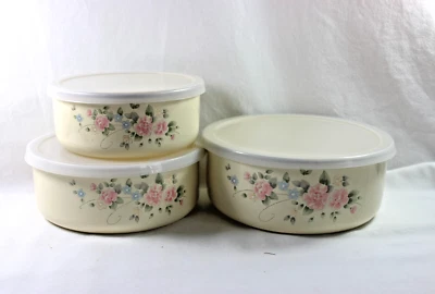 Pfaltzgraff Tea Rose Metal Storage Bowls with Plastic Lids Set of 3 - Image 1 of 4