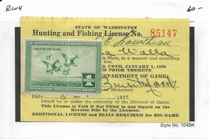 1938 Washington State Hunting License w/Federal Duck Stamp #RW4 (63721) - Picture 1 of 1