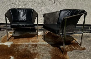 Pair Of Vintage Danish Skandi armchairs Chairs Black Leather Cane Work & Chrome - Picture 1 of 15