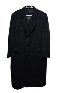 Men's Black Single Breasted Overcoat Macy's Club Room Long Wool Top Coat Sz 44R - Picture 1 of 8