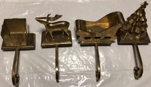 Vintage Present Reindeer Sleigh Christmas Heavy Solid Brass Stocking Long Holder - Picture 1 of 5