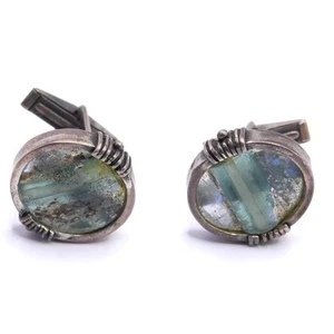 STUNNING ROMAN GLASS STERLING SILVER MODERNIST CUFFLINKS - Picture 1 of 5