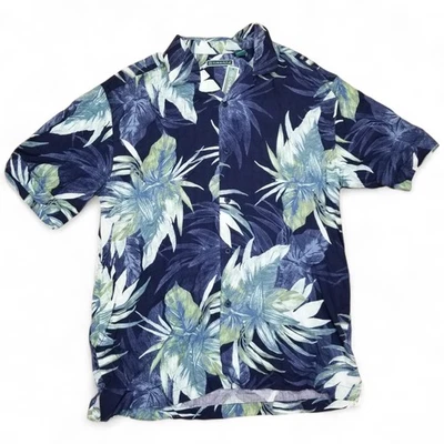 Cubavera 衬衫男式中号礼服蓝色夏威夷花卉人造丝纽扣新标签 — 第 1/4 张图片